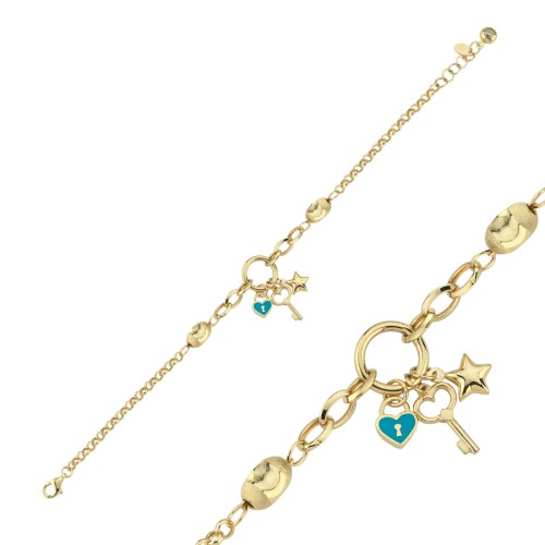 14K Gold Key Heart Star Charm Chain Bracelet - CNG Jewels