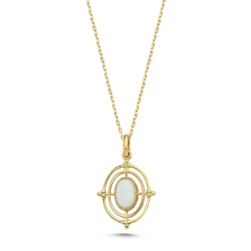 14 Ayar Altın Beyaz Opal Taşlı Oval Vintage Kolye 