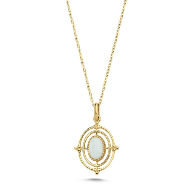 14 Ayar Altın Beyaz Opal Taşlı Oval Vintage Kolye - 1