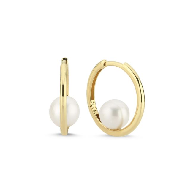 14 Carat Gold Pearl Hoop Earrings - 1