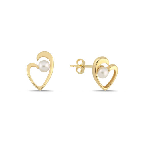 14 Ayar Altın Doğal İncili Kalp Küpe - CNG Jewels