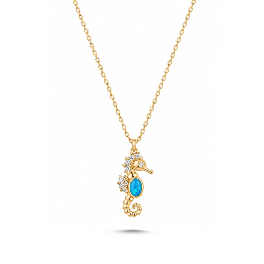14 Ayar Altın Mavi Opal Taşlı Denizatı Kolye - CNG Jewels