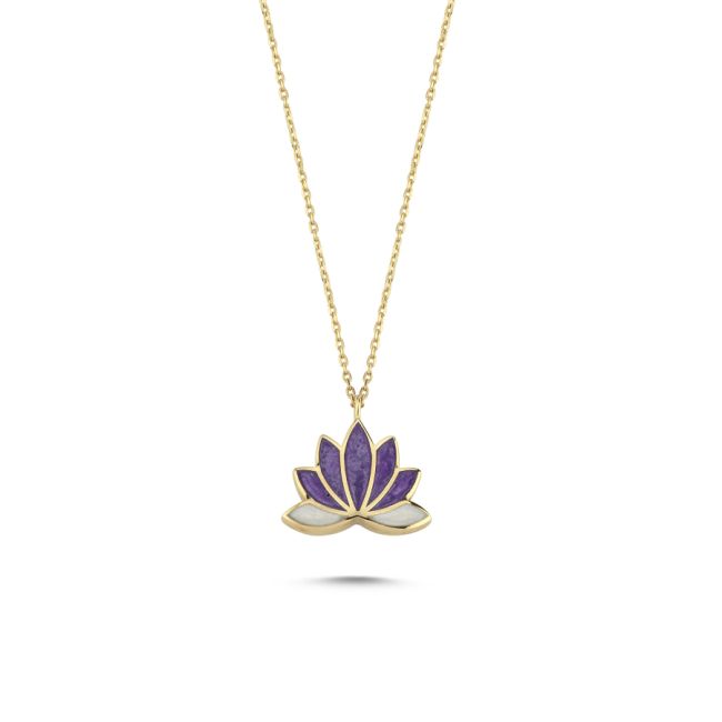 14 Ayar Altın Mor Mineli Lotus Çiçeği Kolye - 1
