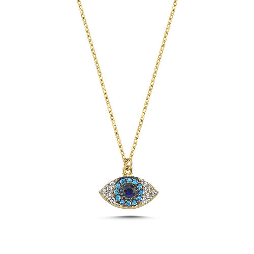 14 Ayar Altın Taşlı Mavi Nazar Boncuğu Kolye - CNG Jewels