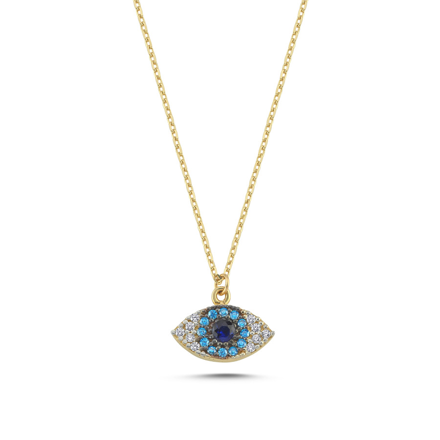 14 Ayar Altın Taşlı Mavi Nazar Boncuğu Kolye - CNG Jewels