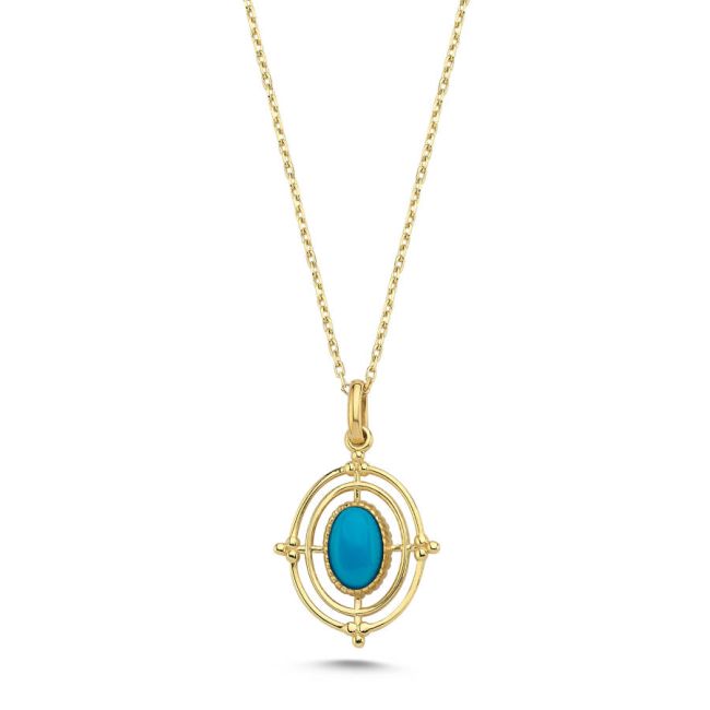 14 Ayar Altın Turkuaz Taşlı Oval Vintage Kolye - 1