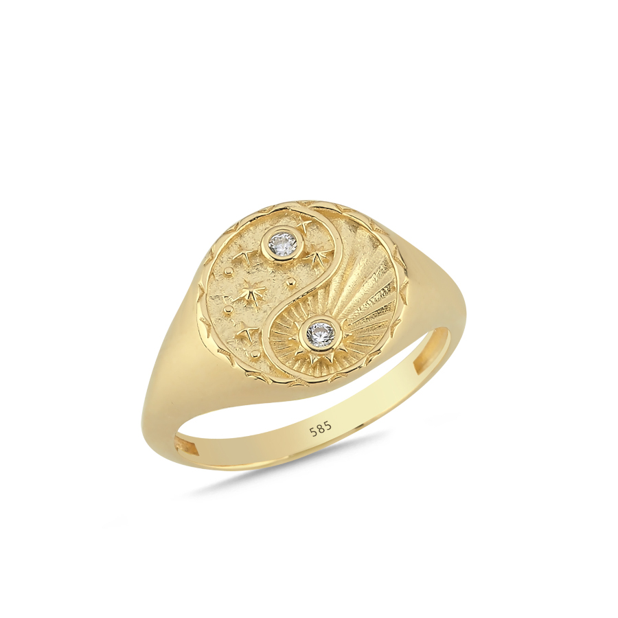 14 Ayar Altın Ying Yang Serçe Parmak Yüzük - CNG Jewels