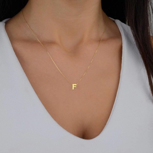 14k Gold İntial Letter F Necklace - Thumbnail