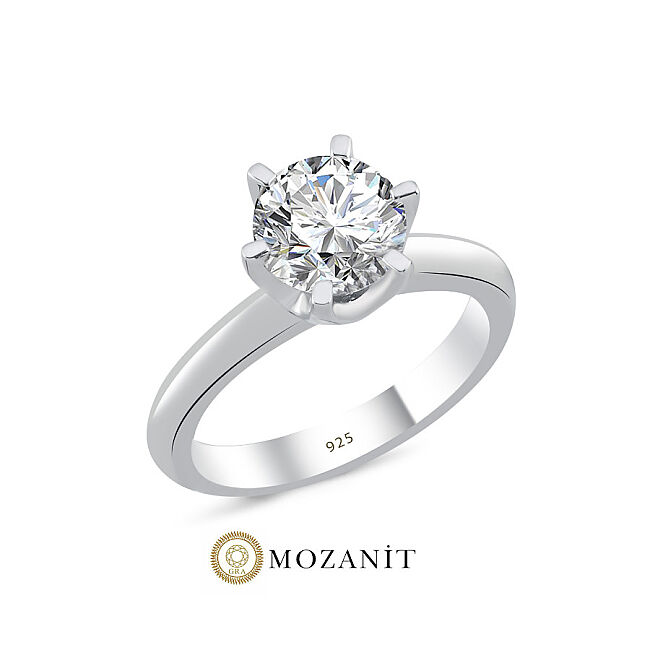 2 Karat Mozanit 6 Tırnak Tektaş Gümüş Yüzük - 1