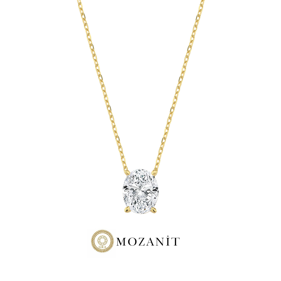 2 Karat Mozanit Oval Tektaş Gold Gümüş Kolye - CNG Jewels
