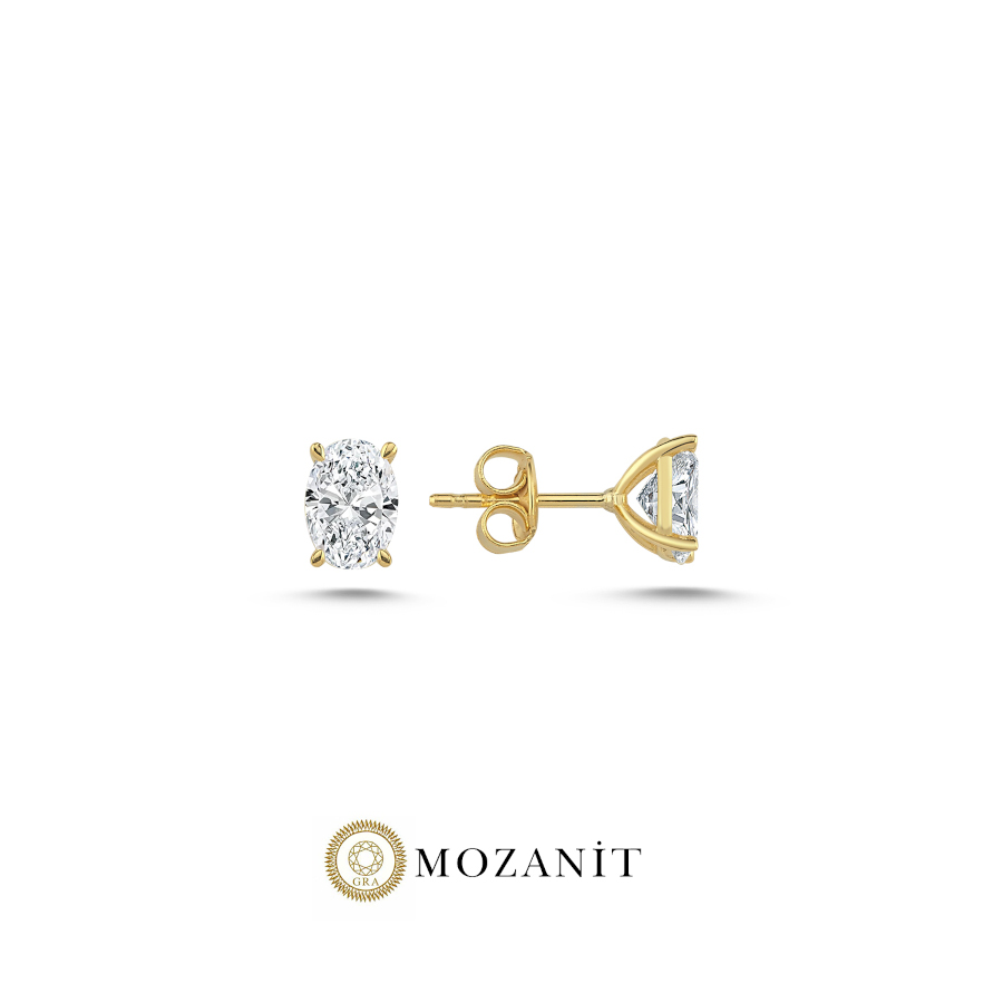 2 Karat Oval Mozanit Tektaş Gold Gümüş Küpe - CNG Jewels