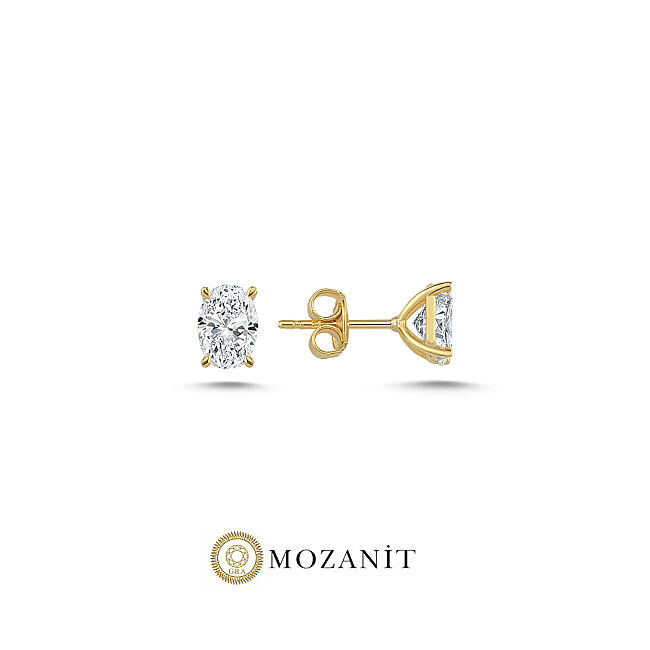 2 Karat Oval Mozanit Tektaş Gold Gümüş Küpe - 1