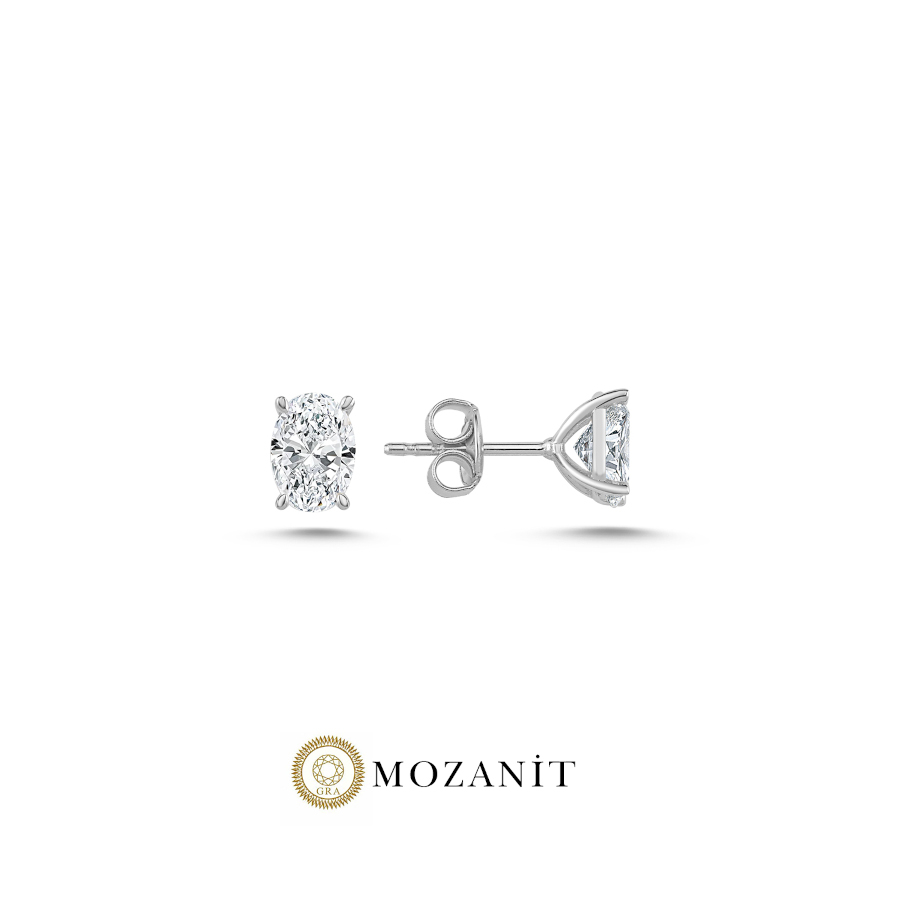 2 Karat Oval Mozanit Tektaş Gümüş Küpe - CNG Jewels