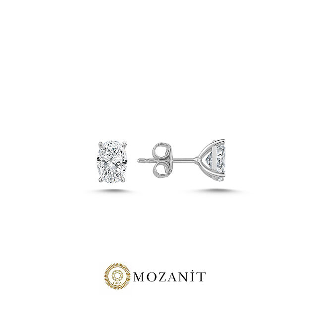 2 Karat Oval Mozanit Tektaş Gümüş Küpe - 1
