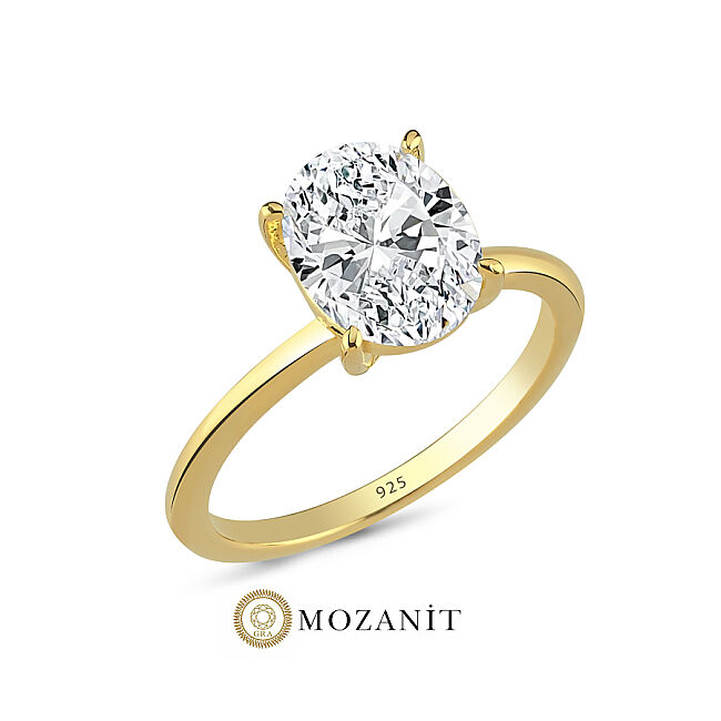 3,5 Karat Mozanit Oval Tektaş Gold Gümüş Yüzük - 1