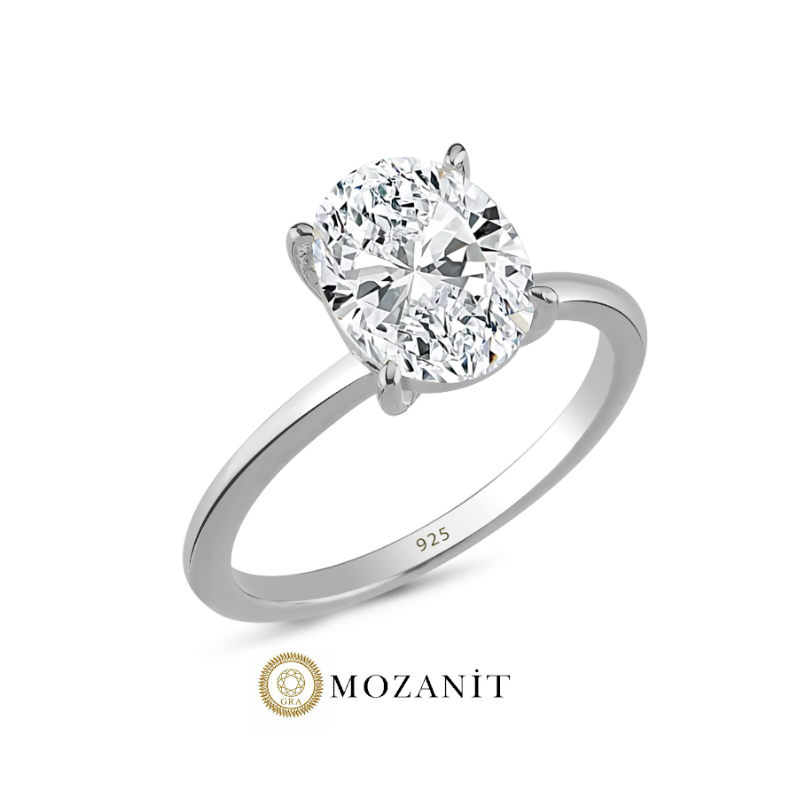 3,5 Karat Mozanit Oval Tektaş Gümüş Yüzük - CNG Jewels
