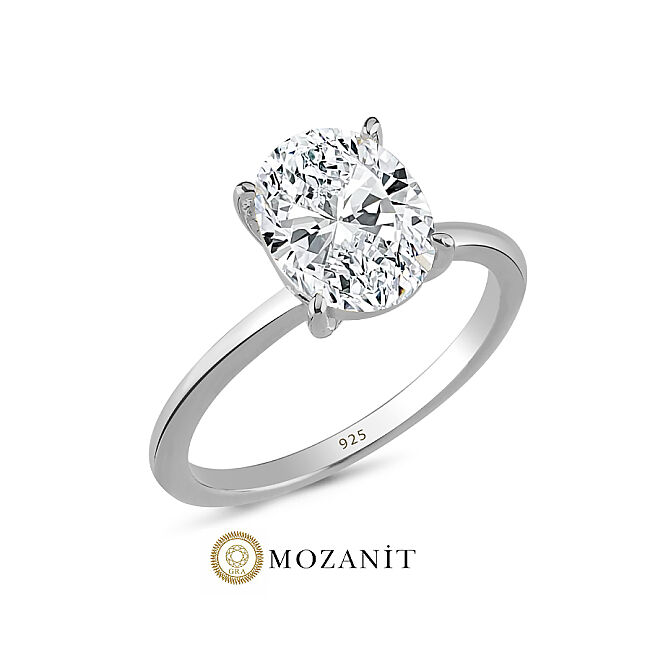 3,5 Karat Mozanit Oval Tektaş Gümüş Yüzük - 1