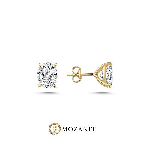 4 Karat Mozanit Oval Tektaş Gold Gümüş Küpe - 1