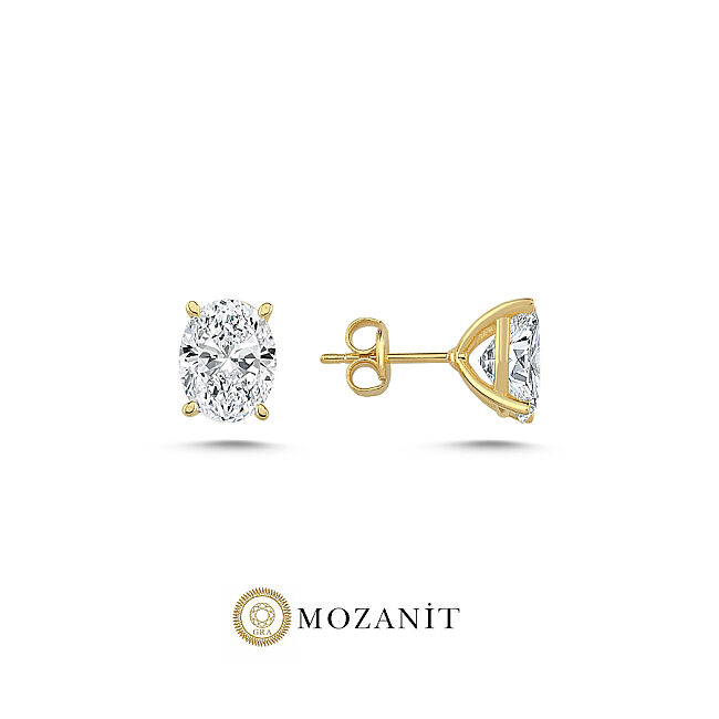 4 Karat Mozanit Oval Tektaş Gold Gümüş Küpe - 1