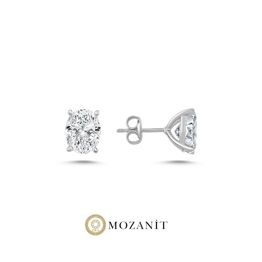4 Karat Mozanit Oval Tektaş Gümüş Küpe - CNG Jewels