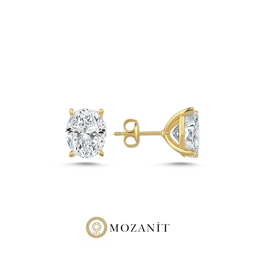6 Karat Mozanit Oval Tektaş Gold Gümüş Küpe - CNG Jewels