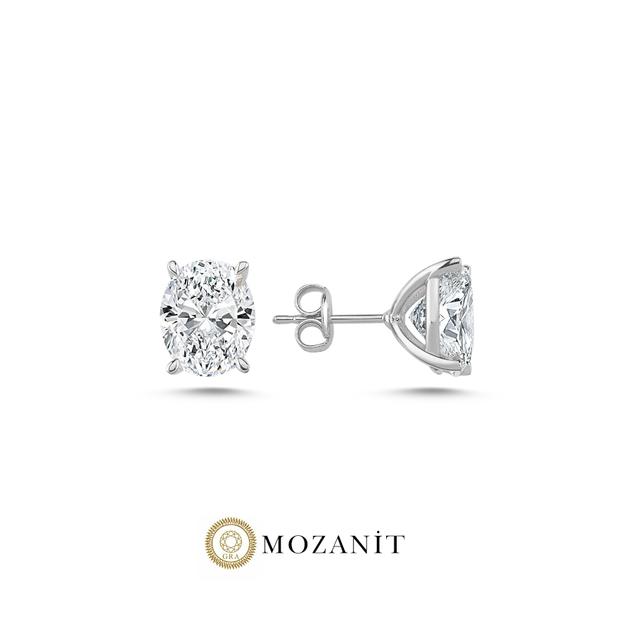 6 Karat Mozanit Oval Tektaş Gümüş Küpe - CNG Jewels