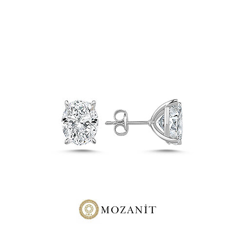 6 Karat Mozanit Oval Tektaş Gümüş Küpe - 1