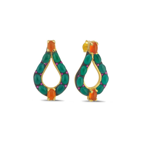 Akik ve Carnelian Taşlı Damla Tasarım Gümüş Küpe - 1