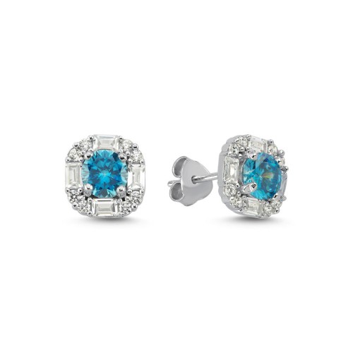 Aqua Blue Baguette Stone Design Women's Silver Earrings 