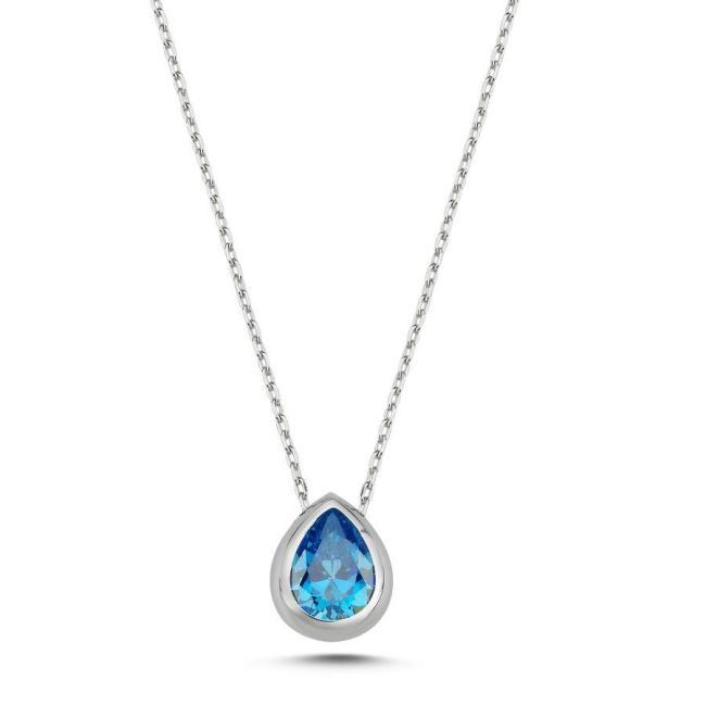 Aqua Blue Drop Solitaire Silver Women's Necklace - 1