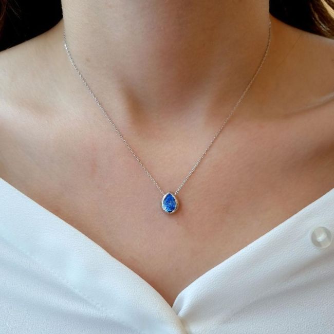 Aqua Blue Drop Solitaire Silver Women's Necklace - 2