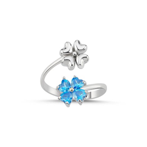 Akua Mavi İkili Dört Yaprak Yonca Kadın Gümüş Yüzük - CNG Jewels