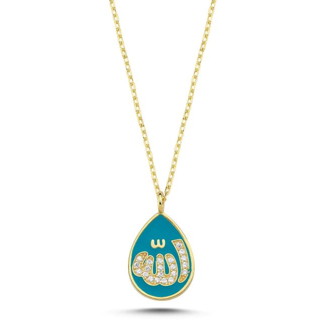 Allah Word Drop Blue Enameled Silver Women's Necklace - 1