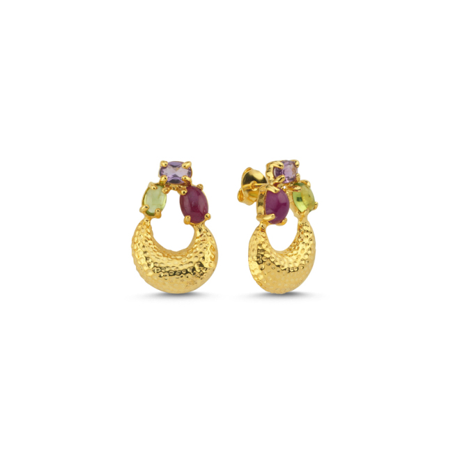 Luna Silver Earrings with Amethyst Peridot Ruby Stone - 1