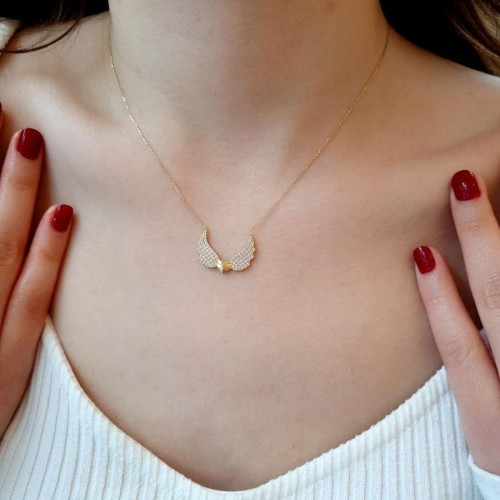 Angel Wing with Heart Gold Necklace - Thumbnail