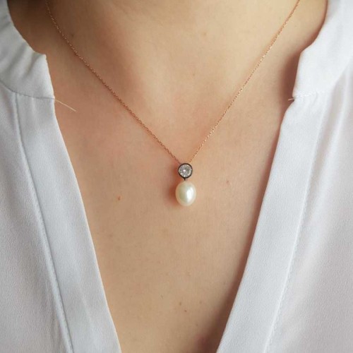 Antique Solitaire Drop Real Pearl Women's Silver Necklace - 1