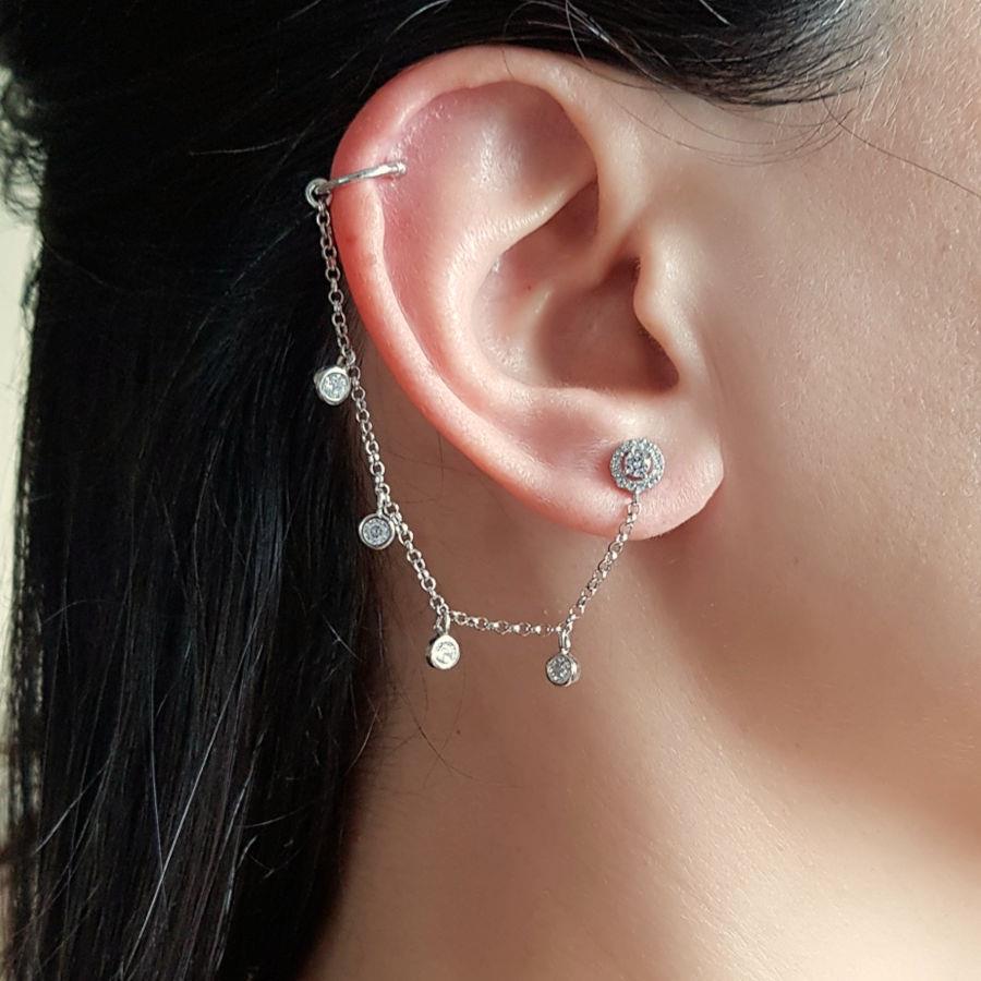 Aralıklı Taşlı Zincir Kıkırdak Cuff Gümüş Küpe - CNG Jewels
