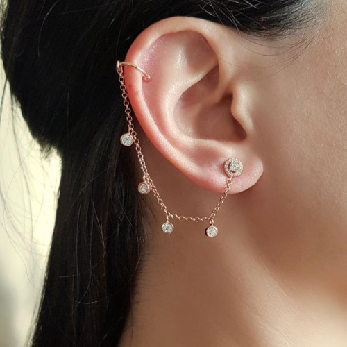 Aralıklı Taşlı Zincir Kıkırdak Cuff Rose Gümüş Küpe - CNG Jewels