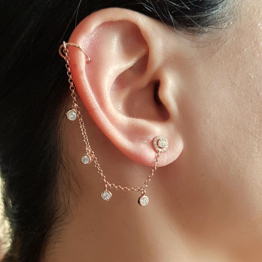 Aralıklı Taşlı Zincir Kıkırdak Cuff Rose Gümüş Küpe - CNG Jewels (1)