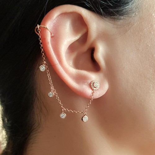 Aralıklı Taşlı Zincir Kıkırdak Cuff Rose Gümüş Küpe - CNG Jewels (1)