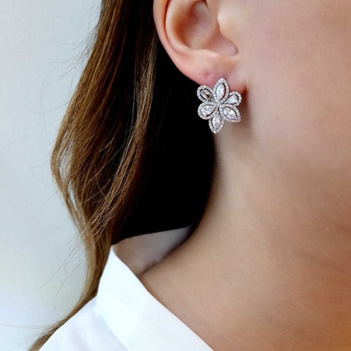 Asymmetrical Stone Daisy Silver Women's Earrings - CNG Jewels (1)