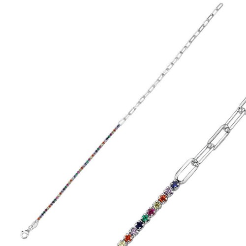 Ataş Zincirli Renkli Taşlı Gümüş Su Yolu Bileklik - CNG Jewels