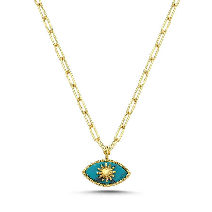 Paperclip Chain Turquoise Heart Eye Women's Silver Necklace - CNG Jewels