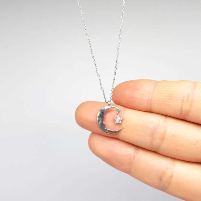 Ataturk Silhouette Small Star and Crescent Silver Women's Necklace - 1