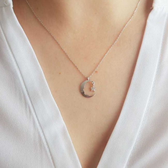 Ataturk Silhouette Small Star and Crescent Silver Women's Necklace - 2