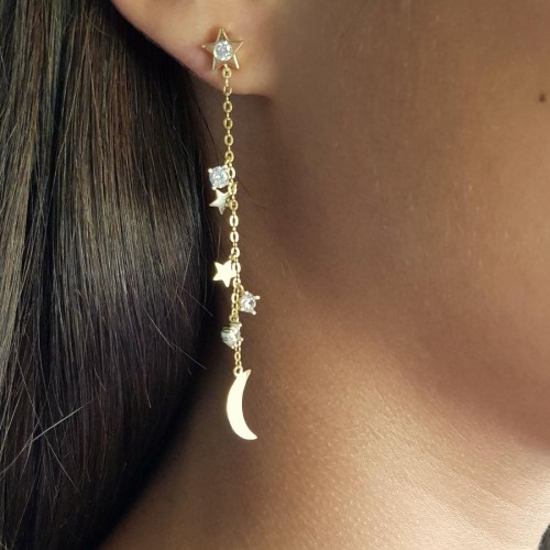 Ay ve Yıldız Zincirli Taşlı Gold Gümüş Kadın Küpe - CNG Jewels