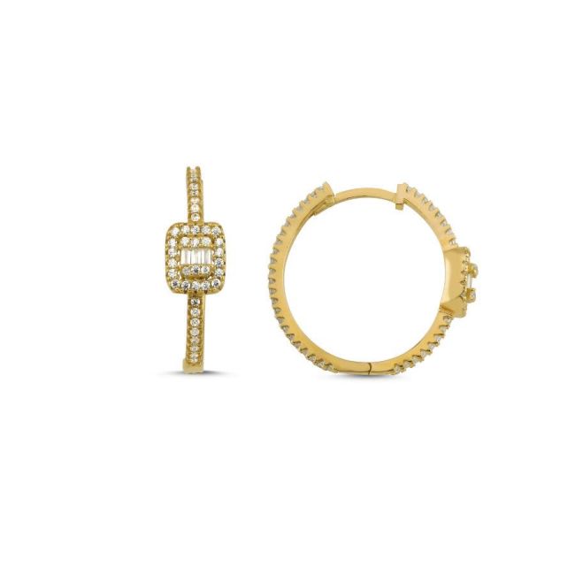 Baget Taşlı Gold Gümüş Halka Kadın Küpe - 1