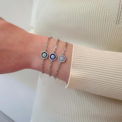 Silver Women's Bracelet with Baguette Stone and Evil Eye Beads - CNG Jewels (1)