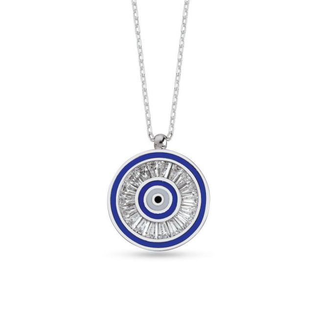 Baguette Stone-set Design Evil Eye Bead Silver Necklace