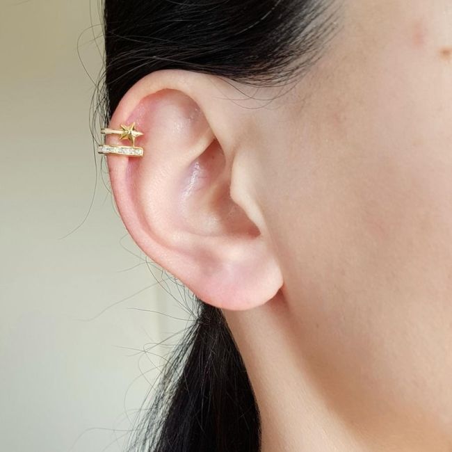 Bagetli Kuyruklu Yıldız Kıkırdak Cuff Gold Gümüş Kadın Küpe - 1